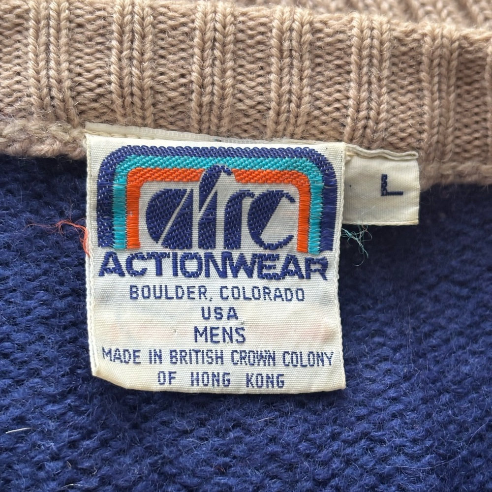 Vintage ARC Actionwear Men’s Beige and Blue Nordic Wool Cardigan Sweater Size L - Picture 3 of 11